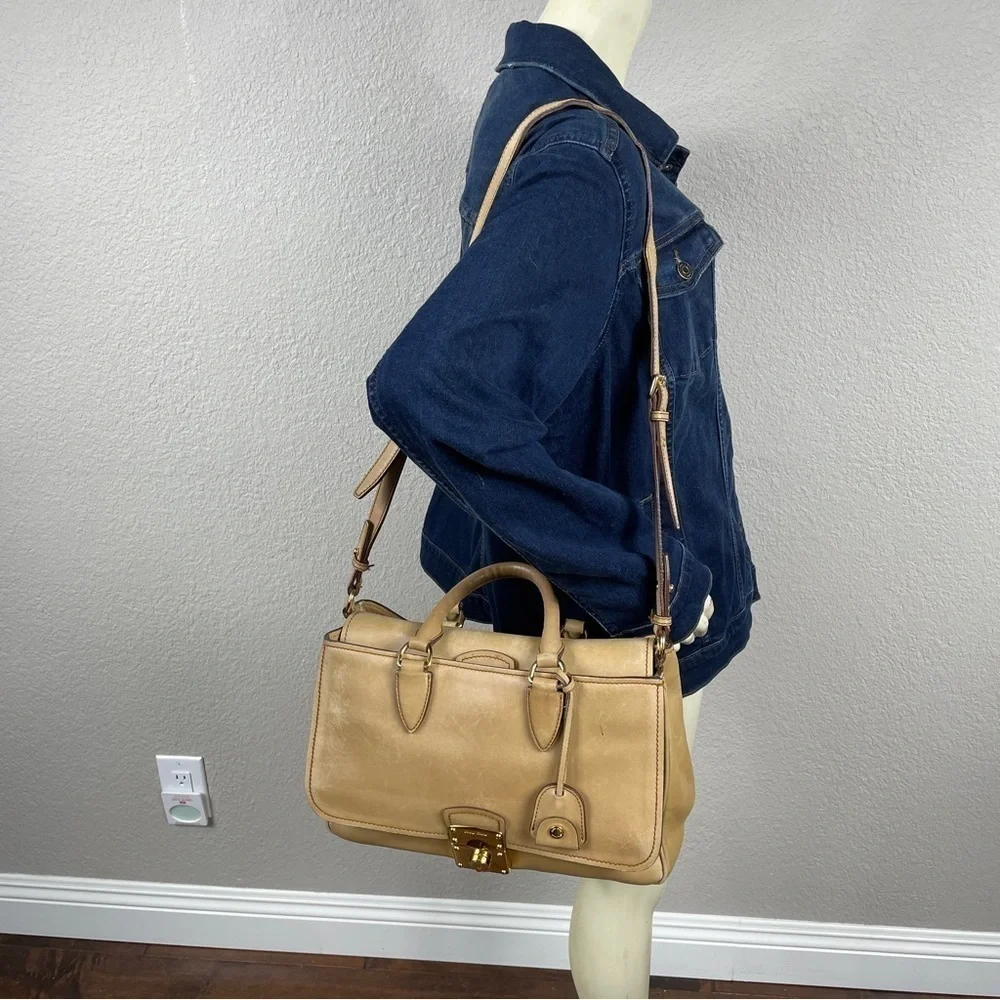 Miu Miu Vitello Leather Flap 2 Way Handbag Satchel Beige